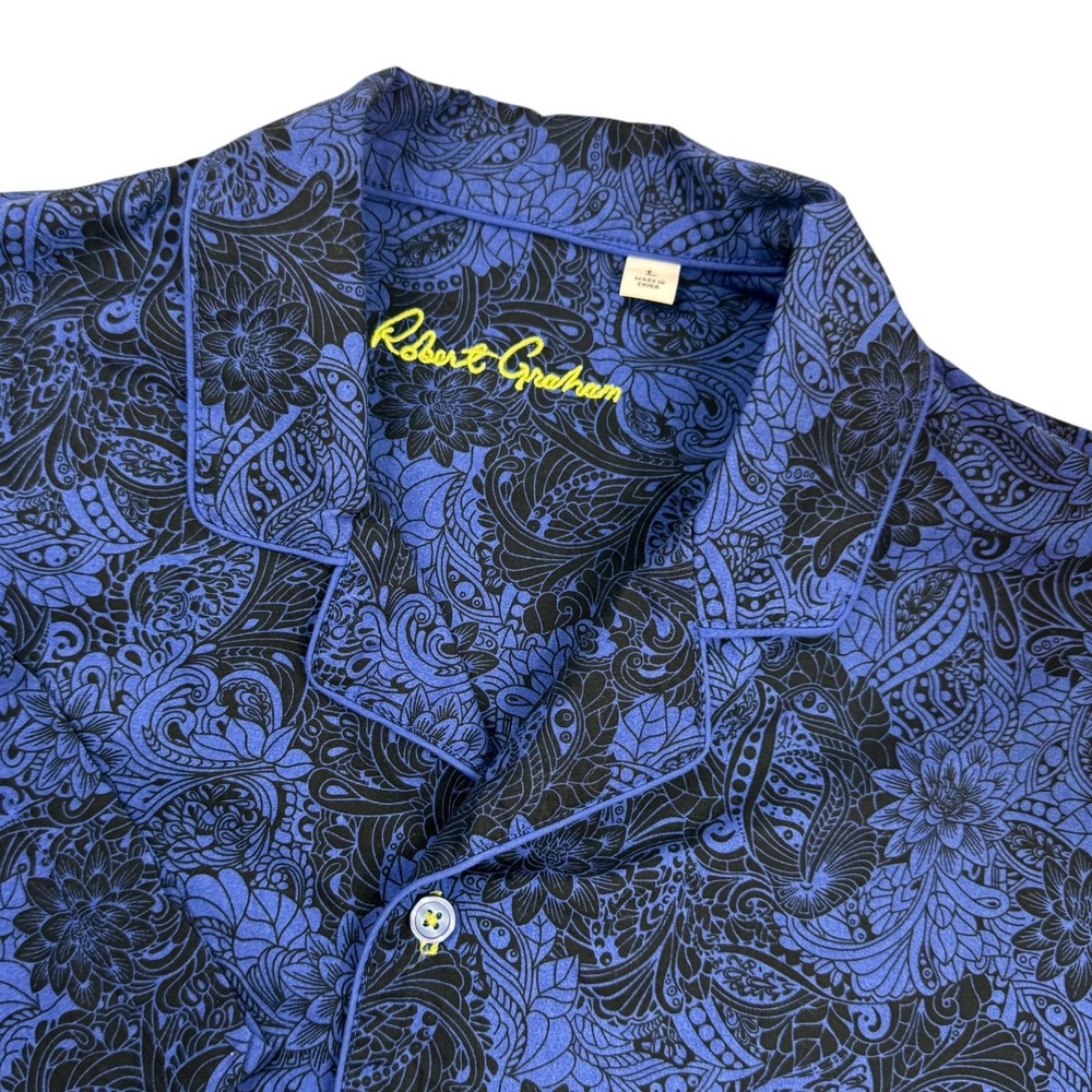 Robert Graham Lounge Pajama Shirt Mens Large Blue Black Paisley Floral Cotton